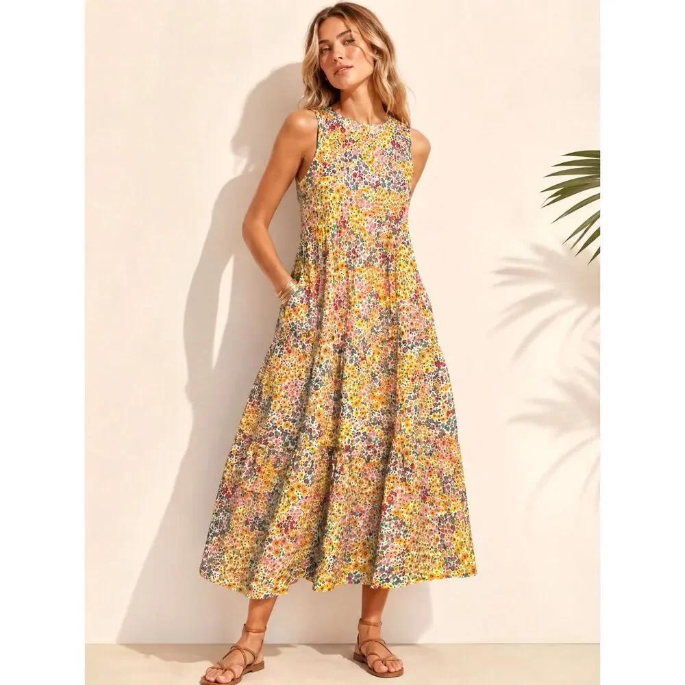 J.Crew Re-Imagined Floral Tiered Midi Dress Size 4 Cotton Stretch Sleeveless